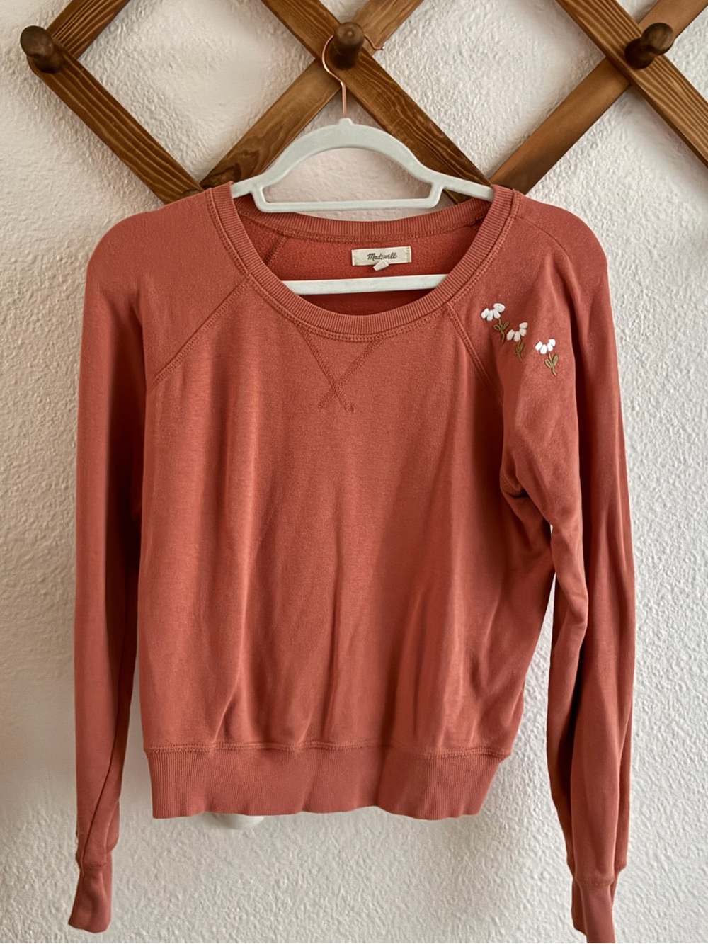 Madewell Dusty Coral Crewneck Sweatshirt with Small Custom Floral Embroidery